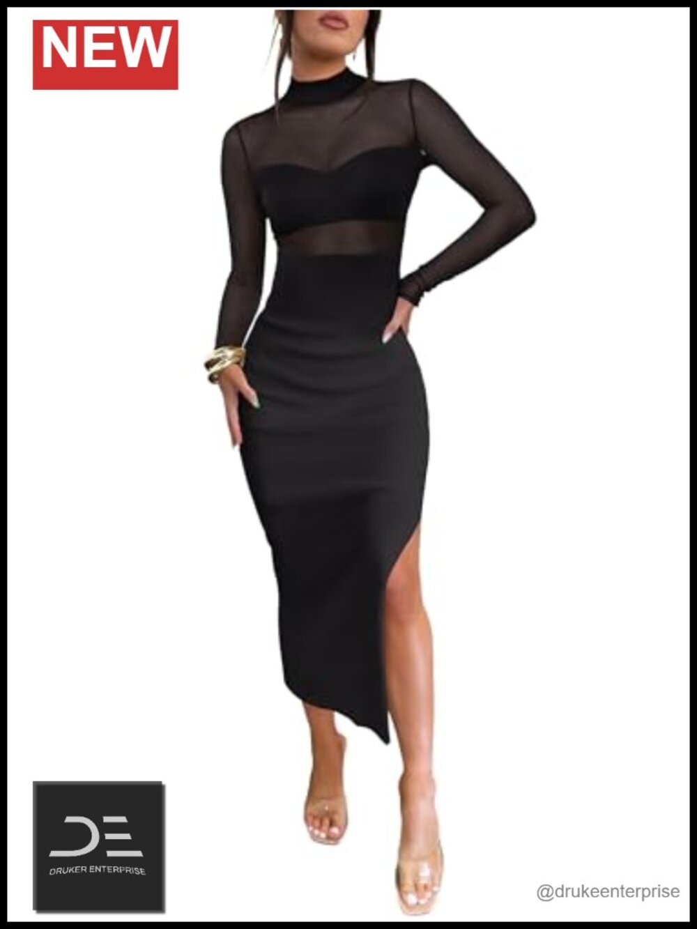 Mesh Long Sleeve Bodycon Midi Dress Set Crop Top Cutout Club Party